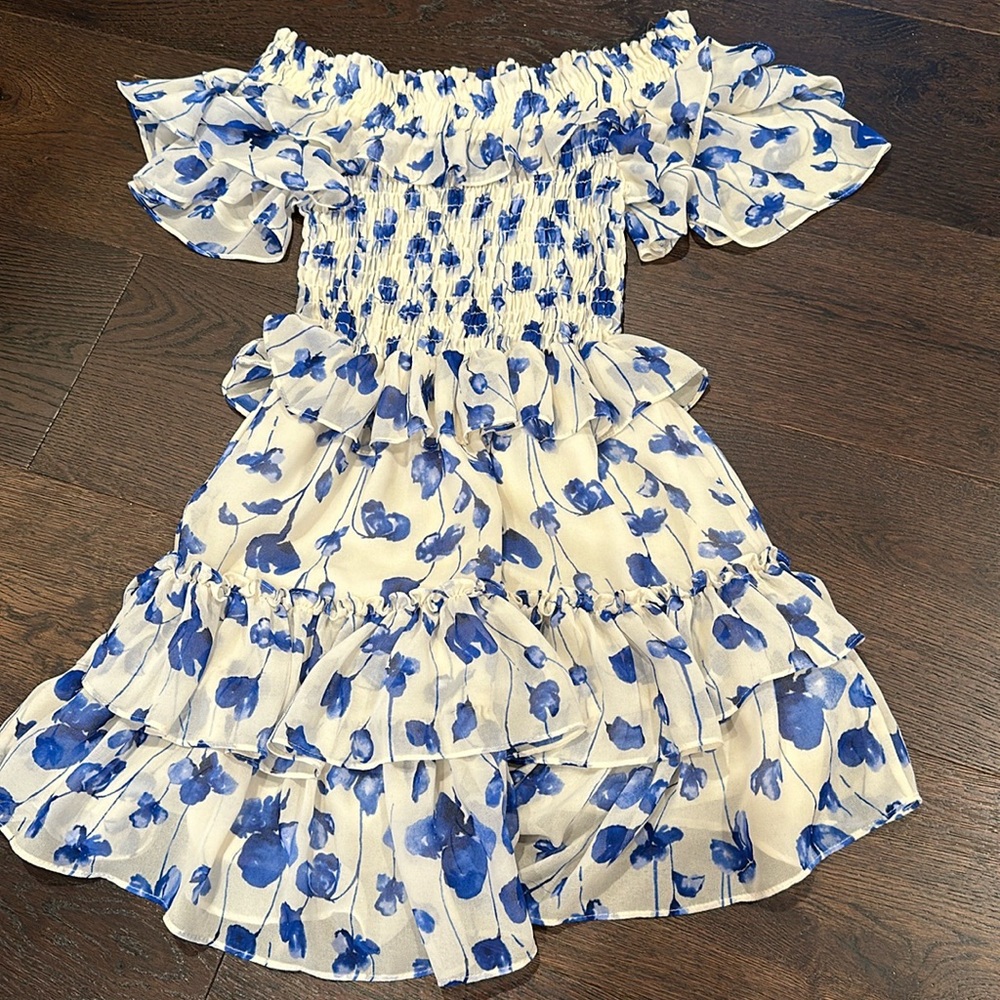 Blue and White Off the Shoulder Misa LA Mini Dress